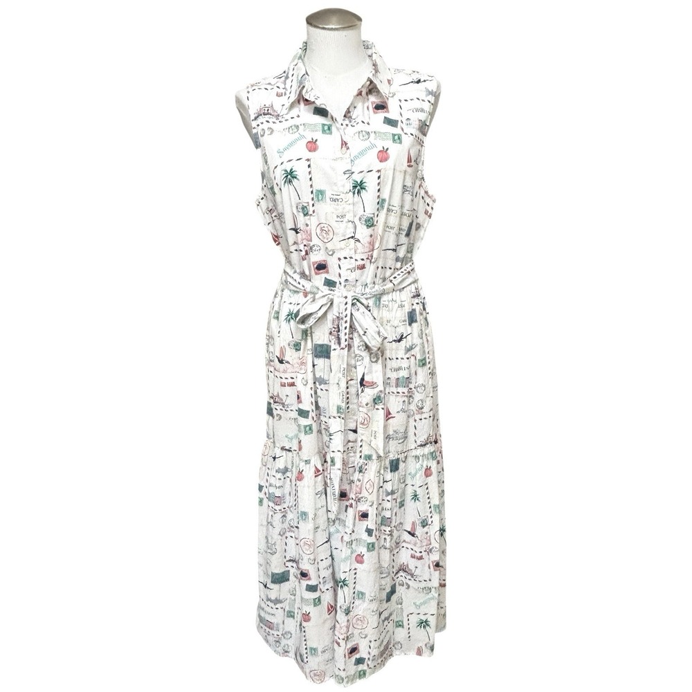 J. Crew Collared Midi Postcard Stamps Southern States Sleeveless Dress Sz 12 - Picture 2 of 16